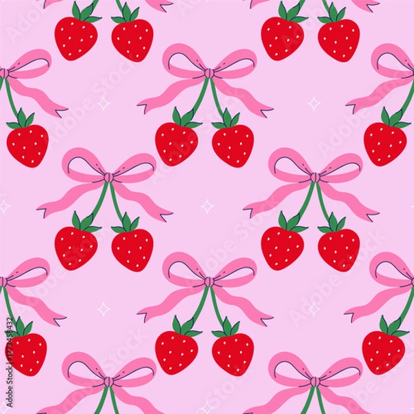Fototapeta Seamless pattern with strawberries and bows. vector graphics.