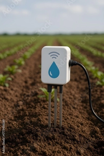Fototapeta Soil sensor measuring moisture levels connected to IoT farming network
