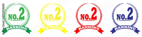 Fototapeta Laurel wreath no 2 ranking badge vector icon, No.2 ranking badge certificate achievement award vector, Best no.2 ranking award badge isolated vector, Colorful award badge no.2 ranking vector set