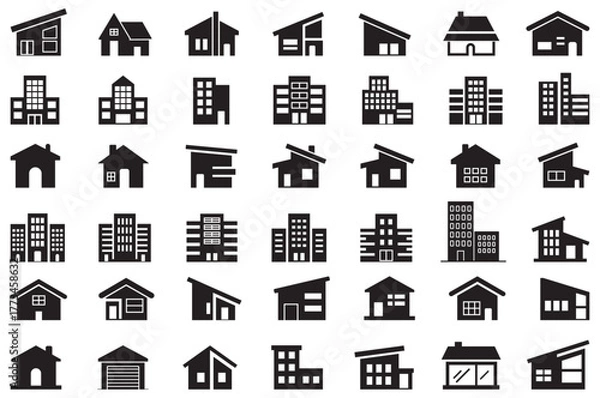 Fototapeta illustrated house and building icons, unique property and home vector pack for web design, Minimal house and apartment vector symbols, perfect for realty, mortgage and property business, vector icons