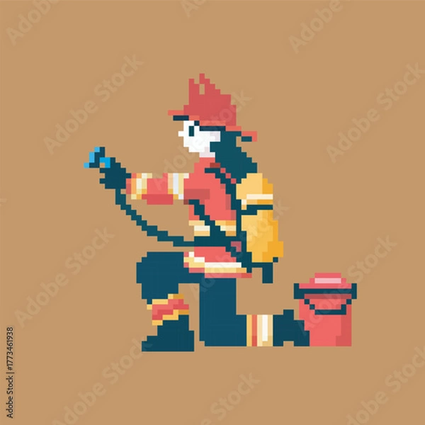 Obraz firefighter pixel art, vector illustration on isolated background.