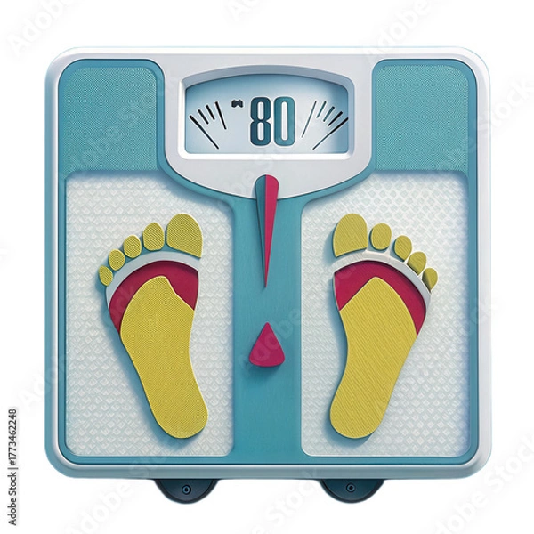 Fototapeta Colorful bathroom scale with transparent background displays reading of 80. design features vibrant yellow and pink feet, adding playful touch