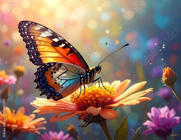 Fototapeta Vibrant butterfly on a flower in a colorful garden