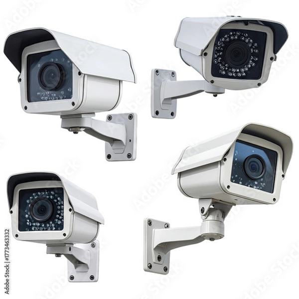 Fototapeta Four security cameras mounted on white walls