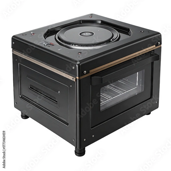 Fototapeta Modern, black, square appliance with cooktop, oven, and control panel