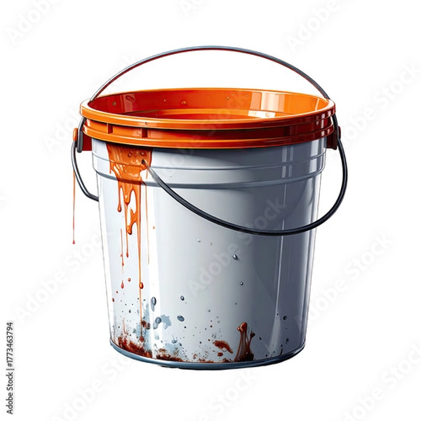 Fototapeta White paint bucket with orange rim and handle, orange paint drips down the side
