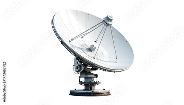 Fototapeta Large parabolic antenna, white metal, black background, side view