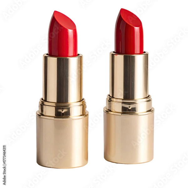 Obraz Two vibrant red lipsticks in golden cases against a black background