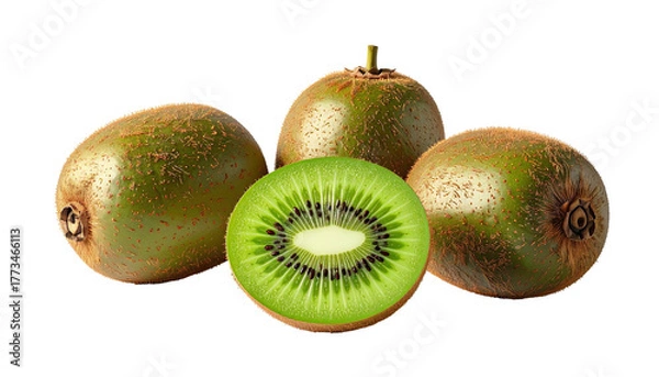 Obraz Four kiwi fruits, one sliced open, showing green flesh