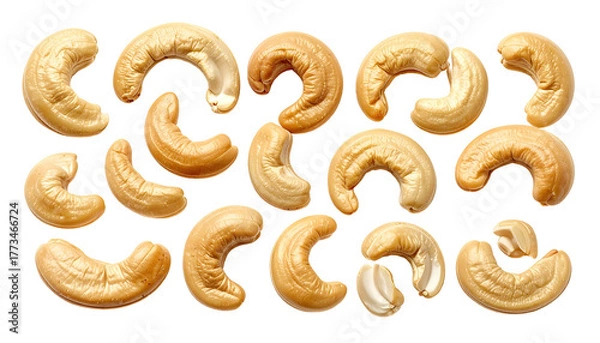 Obraz Several tan cashew halves scattered on solid black background