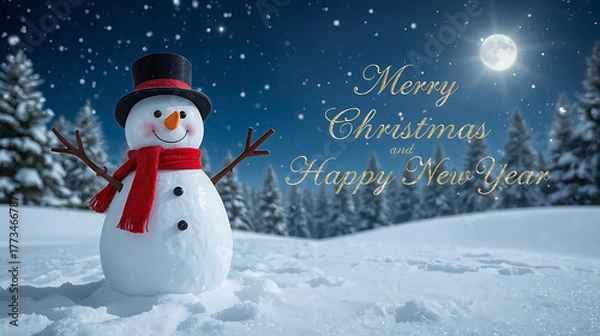 Fototapeta Joyful snowman wishes you Merry Christmas and Happy New Year under the moonlight in a winter wonderland, perfect for holiday cards and seasonal cheer