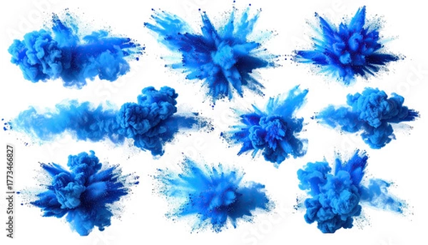 Obraz Several blue, airy, powder-like explosions on black background