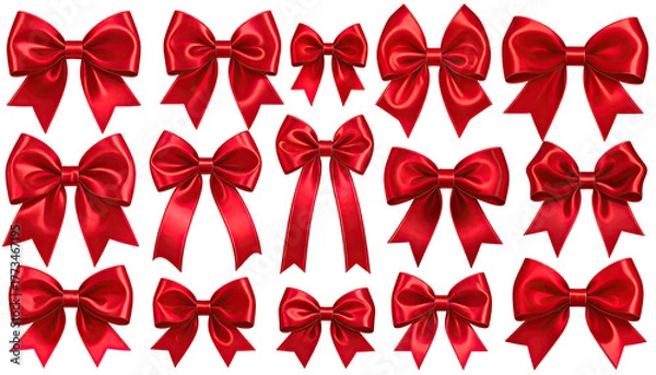 Fototapeta Many glossy, crimson bows clustered against a black background