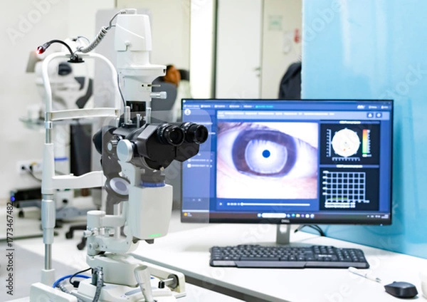 Obraz Modern ophthalmological equipment in the doctor's office. Diagnosis of eye diseases. Concept: ophthalmology, vision health, eye diagnostics, medicine of the future.