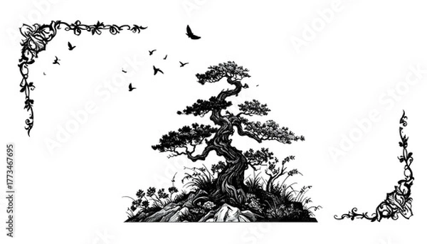 Fototapeta Isolated tree on rocks with corner floral embellishments
