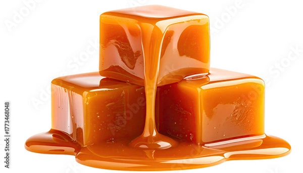 Fototapeta Three caramel squares stacked with dripping, gooey topping