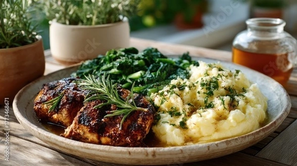 Fototapeta Juicy Grilled Chicken Breast with Rosemary Served with Creamy Mashed Potatoes and Fresh Spinach in Daylight Outdoor Setting