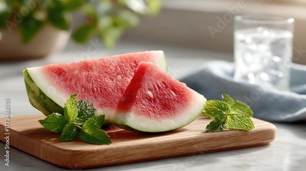 Obraz Juicy Red Watermelon Slices With Fresh Mint Leaves And A Tall Glass Of Ice Water In Soft Natural Sunlight On A Wooden Cutting Board