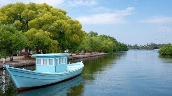 Fototapeta Light Blue Tourist Boat Navigates Calm Waterways Lined with Lush Green Trees Under a Bright Sunny Sky