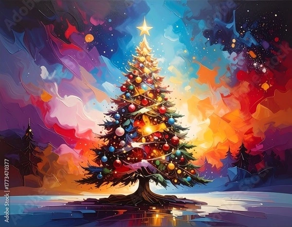 Fototapeta Vibrant Christmas tree amidst a colorful, abstract sky