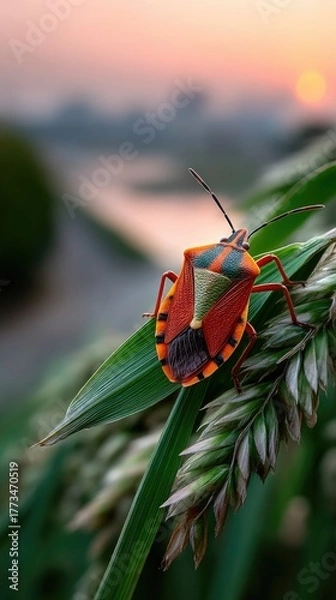 Fototapeta Macro Insect on Grass Blade at Sunrise with Dew Drops and Soft Orange Sky
