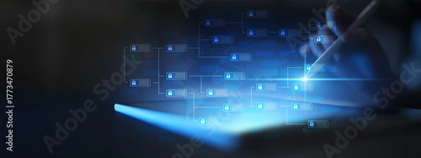 Fototapeta Blockchain Data Security and Digital Encryption Network Visualization.