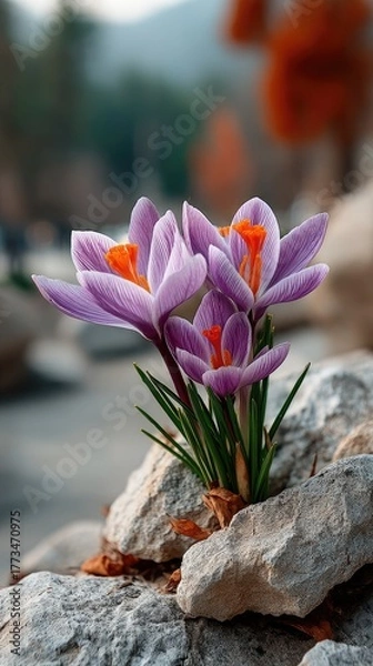 Fototapeta Macro Photograph of Delicate Purple Crocus Flowers with Vibrant Orange Stamens Emerging from Textured Rocks in Soft Natural Light
