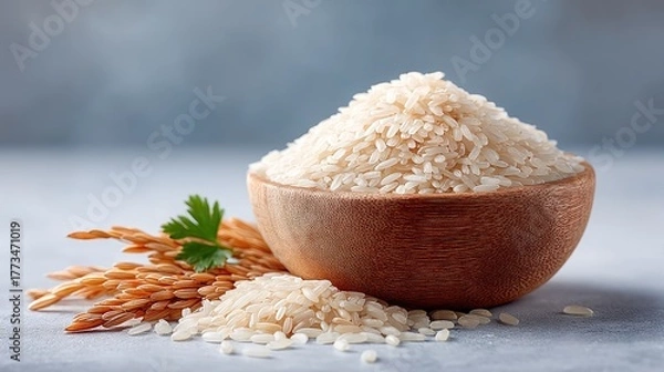 Fototapeta Macro Photograph of Uncooked White Rice Grains in a Rustic Wooden Bowl with Golden Wheat Stalks and Green Leaf Sprig on a Textured Gray Background with Soft Studio Lighting