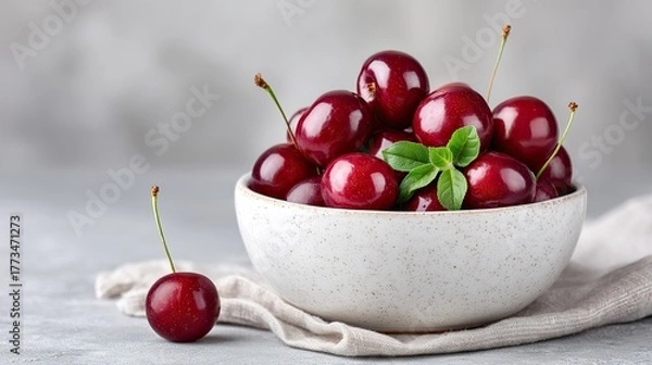 Fototapeta Macro Studio Photo Of Fresh Vibrant Red Cherries In A Speckled White Bowl With Mint Leaves On A Textured Gray Background With A Single Cherry In The Foreground