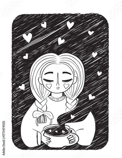 Fototapeta A little girl in a line sketch style, holding a mug from which hearts are flying out, creating an atmosphere of coziness and love. A simple, elegant illustration for warm and romantic projects.