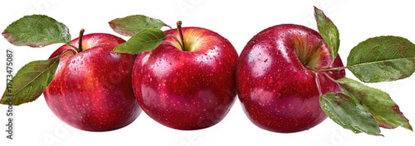 Fototapeta Three bright red apples with green leaves on a black background