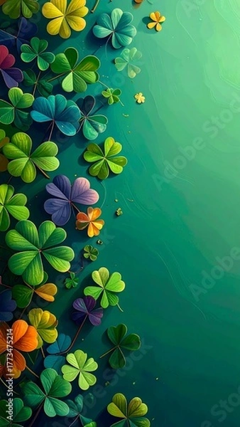 Fototapeta Vibrant clover leaves in various colors against a teal background