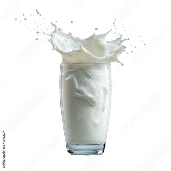 Fototapeta White milk splashing from a clear glass, isolated on black background