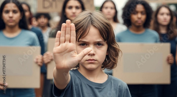 Fototapeta Child Raising Hand to Stop Bullying at Protest with Supportive Crowd in Background for Awareness Campaigns, Educational Materials, and Social Media Advocacy
