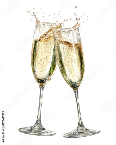 Fototapeta Two champagne flutes clink, splashing celebratory bubbles