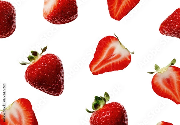 Obraz Fresh red strawberries, whole and halved, on a black background