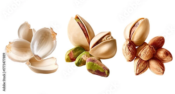 Fototapeta Three clusters of pistachios, some shelled, some not, on black