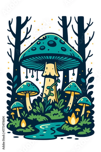 Fototapeta Fantasy forest scene with giant glowing mushrooms surrounded by plants symbolizing mystery imagination and magical harmony of nature and dreams