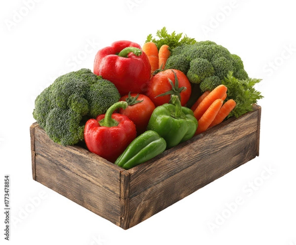 Fototapeta Fresh variety of colorful vegetables in a rustic wooden crate