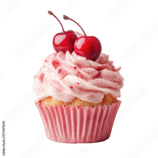 Fototapeta A delicious cupcake with pink frosting and two cherries on top