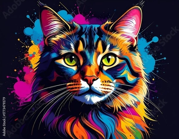 Fototapeta Vibrant colorful cat portrait with paint splatters