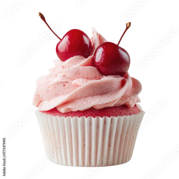 Fototapeta Pink frosted cupcake with two cherries on top in a wrapper