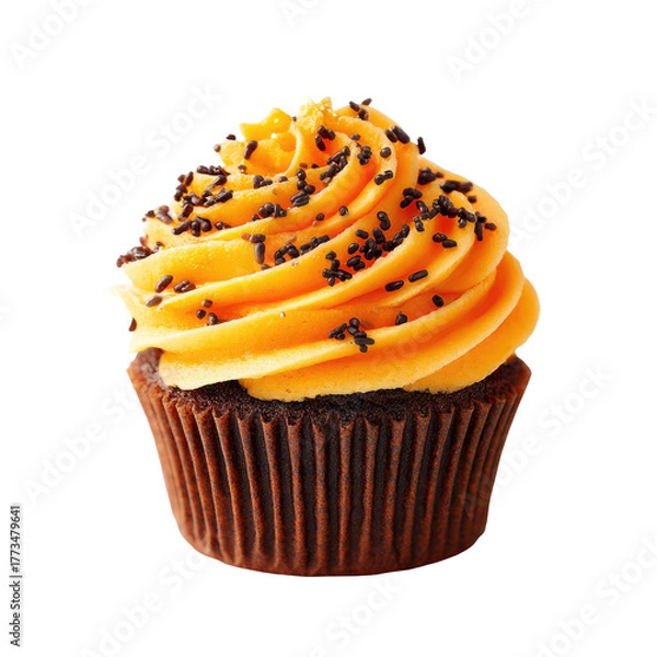 Fototapeta Delicious chocolate cupcake with vibrant orange frosting and sprinkles