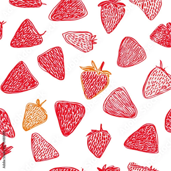 Fototapeta Red and orange sketched strawberries on a black background