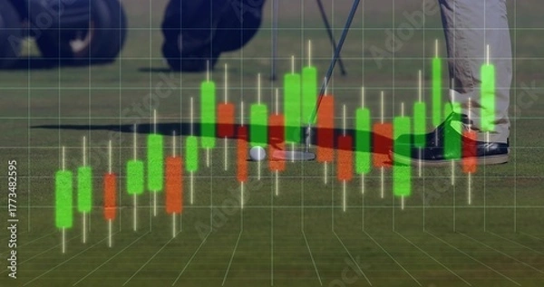 Fototapeta Golfer in golf pants using putter and putting golf ball on green, with candlestick chart overlay