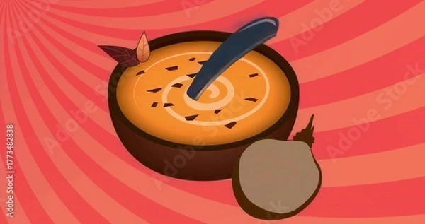 Fototapeta Displaying brown bowl holding orange soup with dark spoon on red pink stripes with halved vegetable