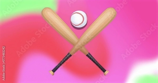 Fototapeta Crossing baseball bats with black tape grips in digital gradient, hovering red-stitched baseball