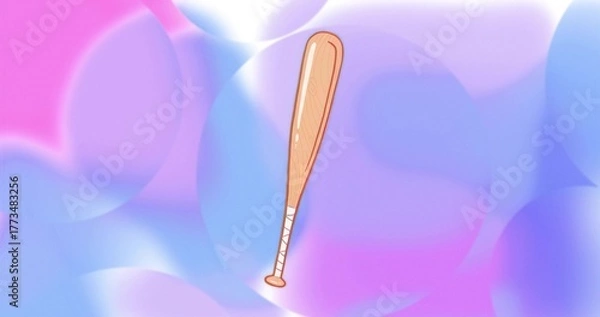 Fototapeta Floating illustrated wooden baseball bat spinning against pastel gradient, with white tape handle