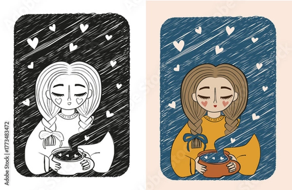 Fototapeta A little girl in a line sketch style, holding a mug from which hearts are flying out, creating an atmosphere of coziness and love. A simple, elegant illustration for warm and romantic projects.