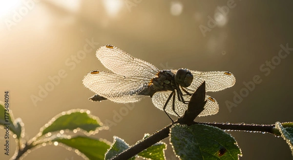 Fototapeta Dewy Dragonfly Perched on a Leaf in Golden Light